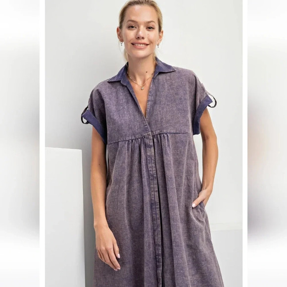 New! Easel Short Sleeve Linen Blend Mineral Washed Midi Dress - Picture 4 of 5